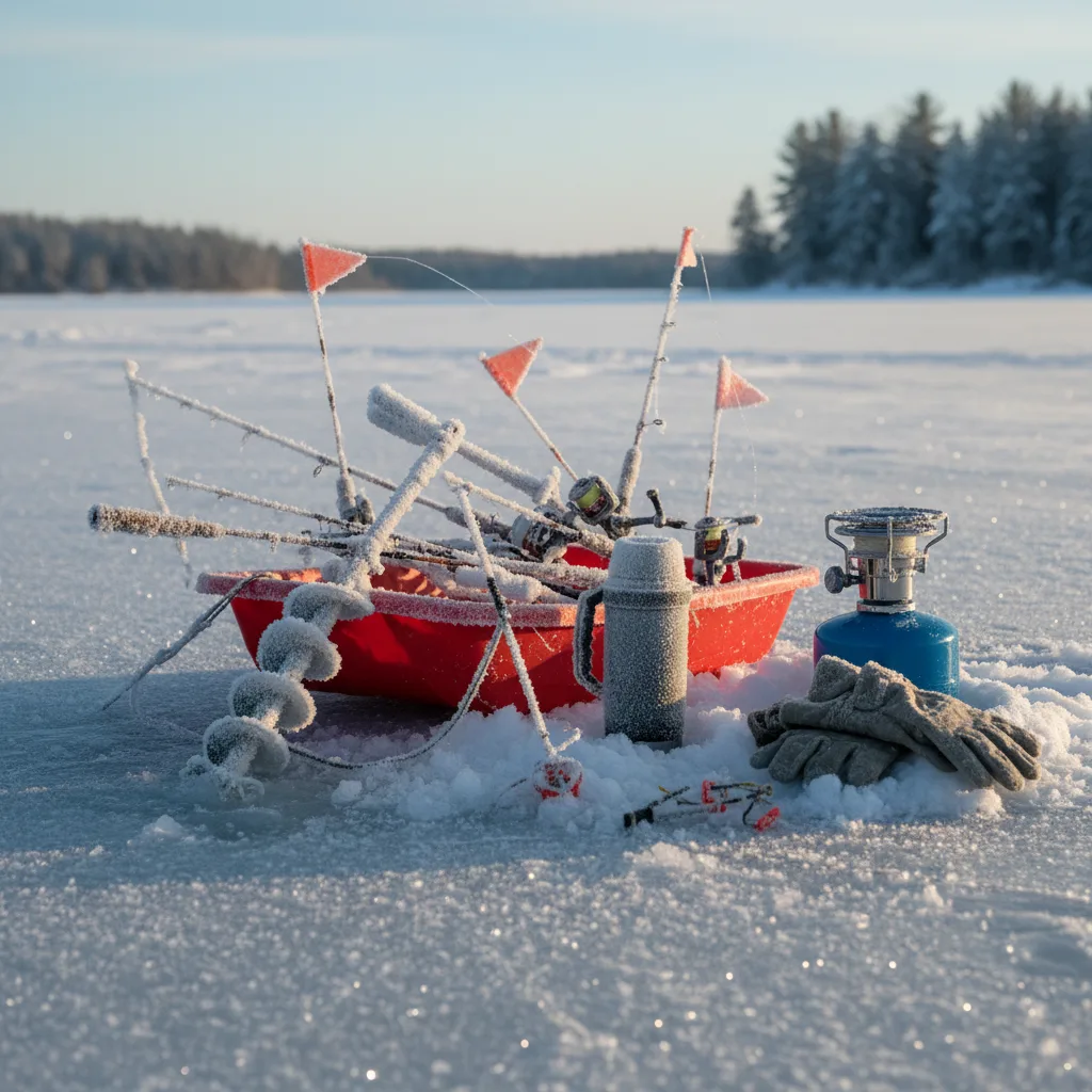 Detalhe do equipamento de ice fishing sobre o gelo