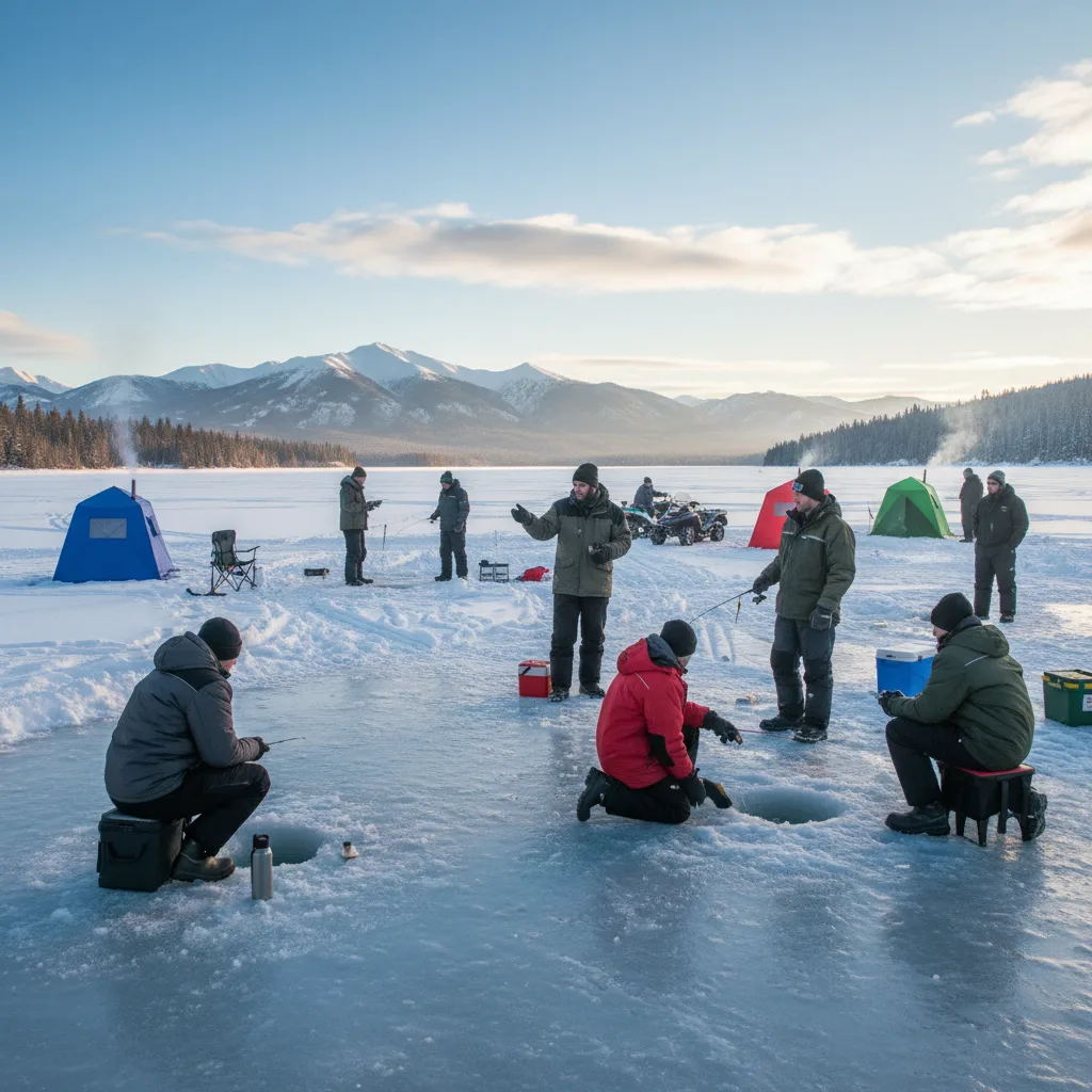 Grupo praticando ice fishing em lago gelado de Portugal