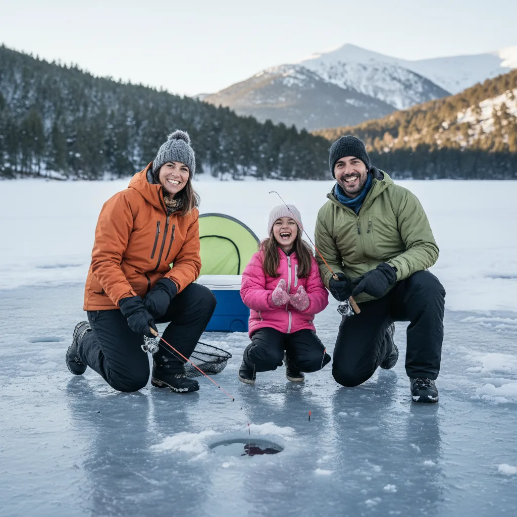 Família sorrindo em experiência de ice fishing