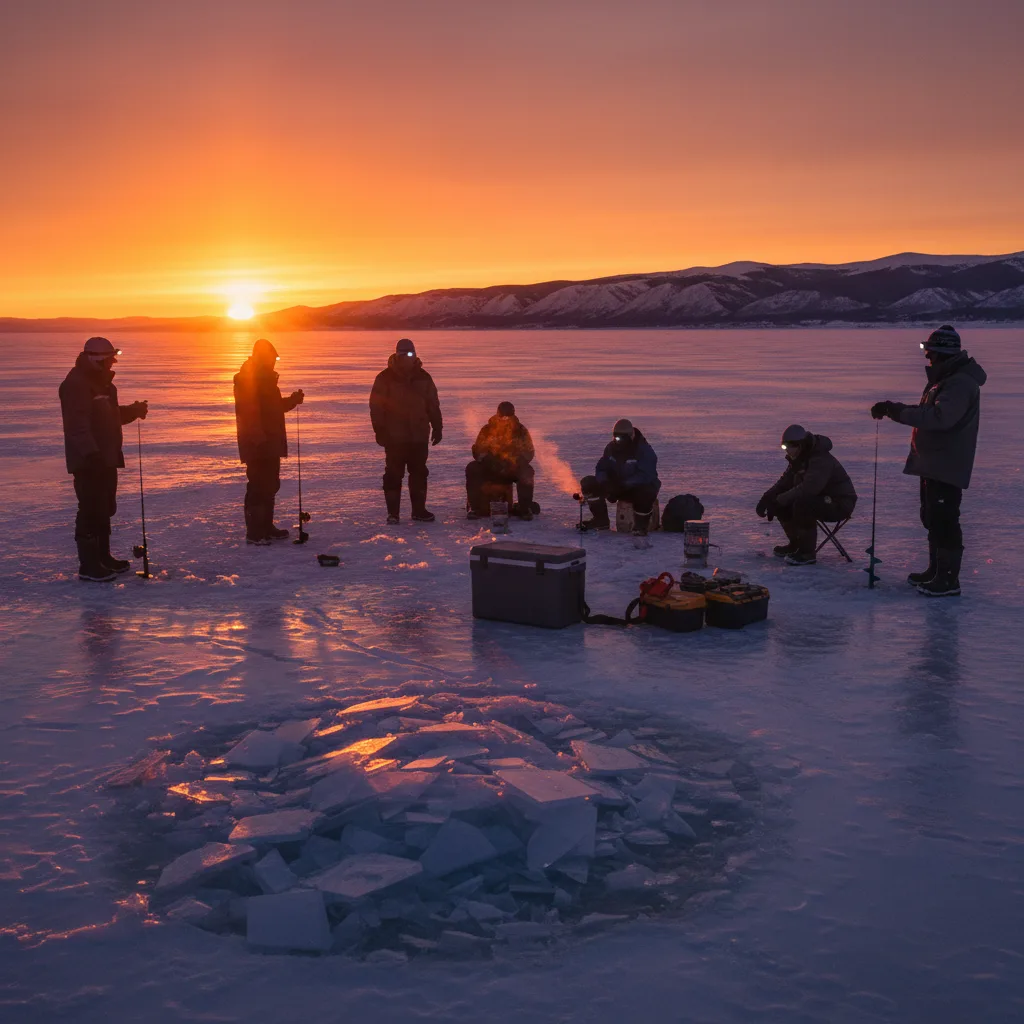 Grupo de ice fishing ao pôr do sol